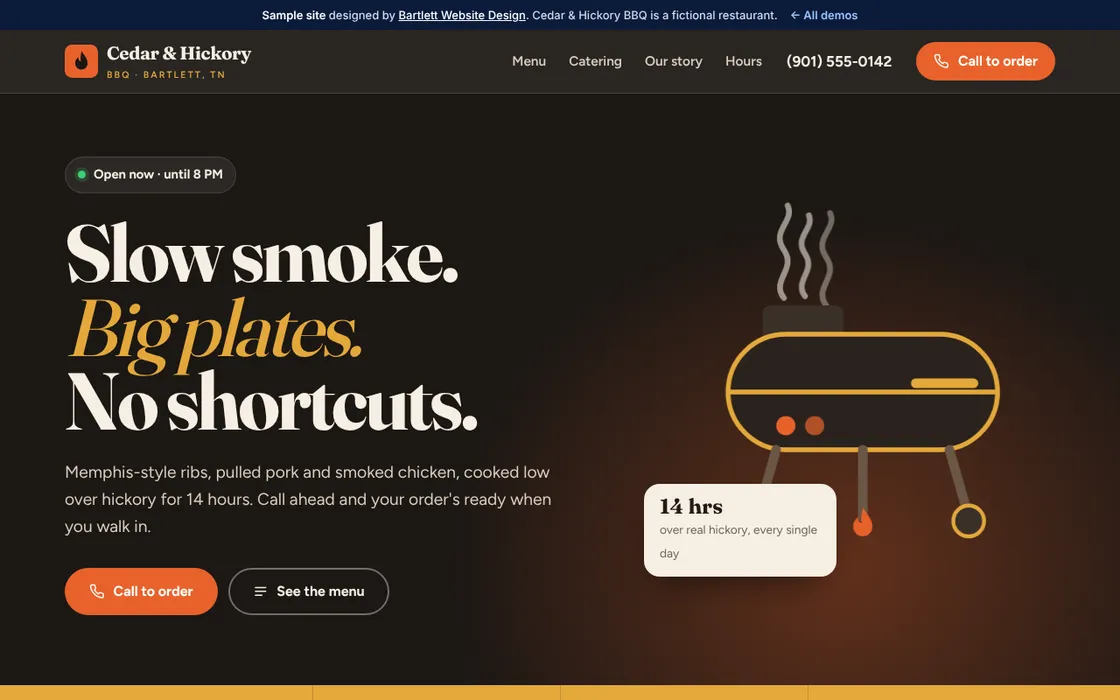 Cedar & Hickory BBQ sample restaurant homepage
