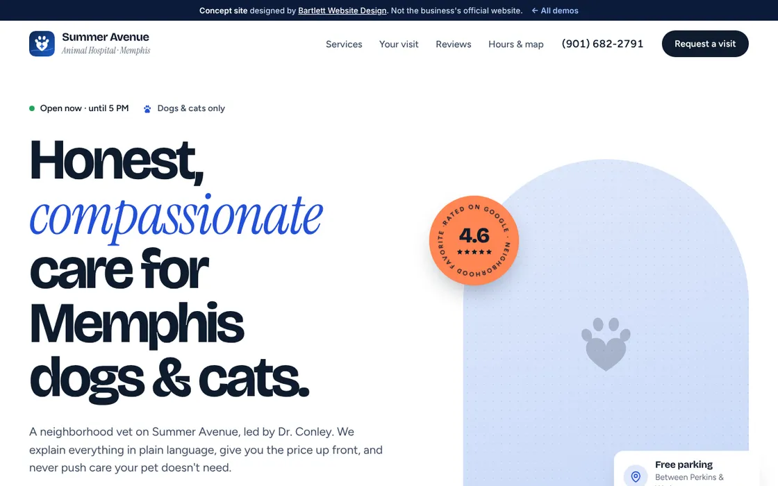 Summer Avenue Animal Hospital demo homepage