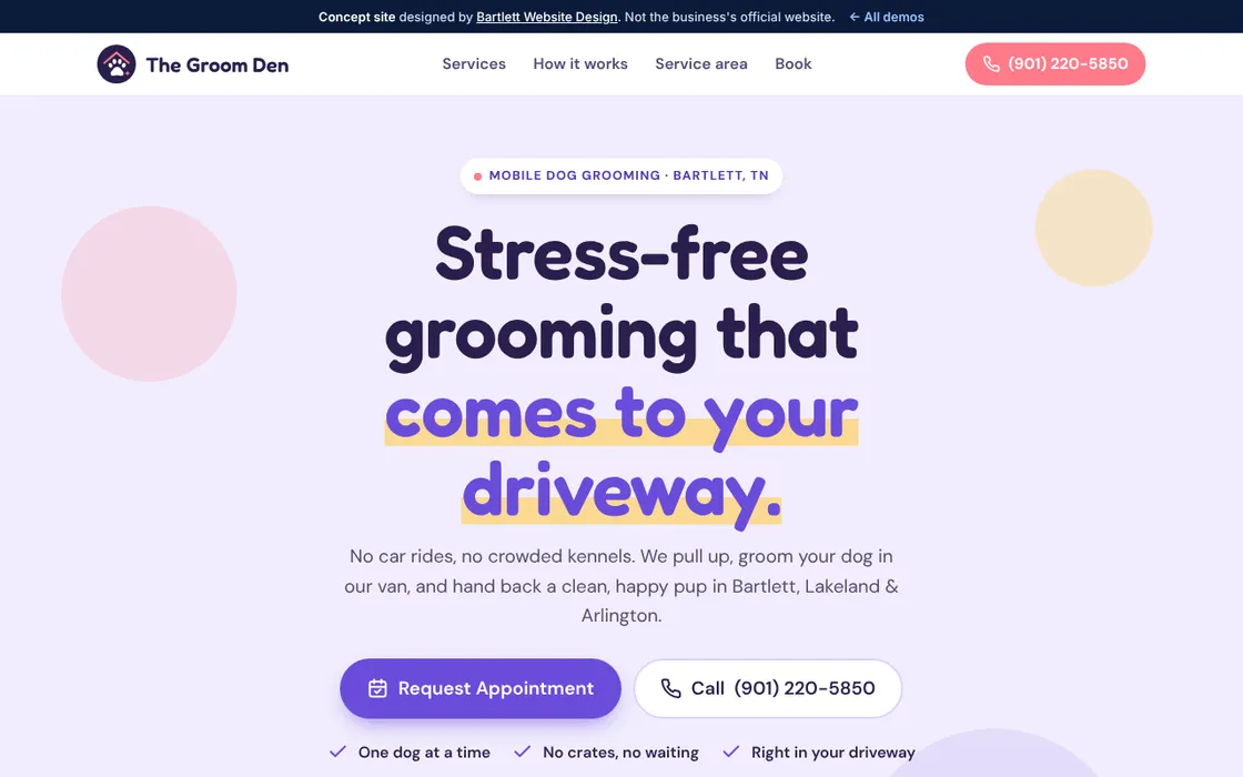 The Groom Den demo homepage