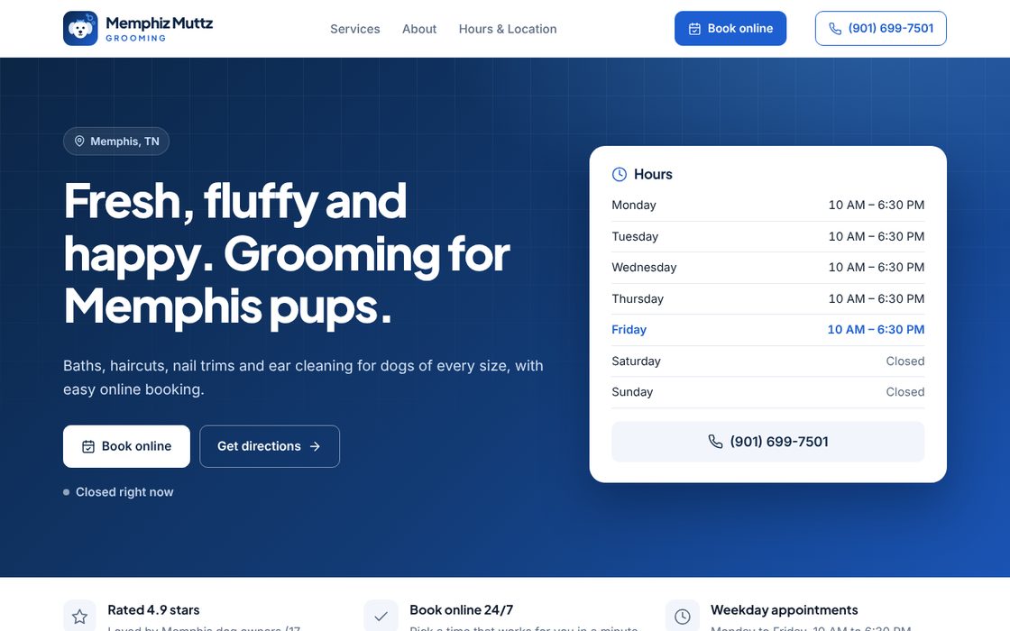 Homepage design for Memphiz Muttz Grooming